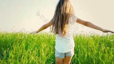 一个留着长长的长发的小女孩跑着一片绿草如茵的田野。 那孩子伸出双臂去<strong>迎接</strong>蓝色